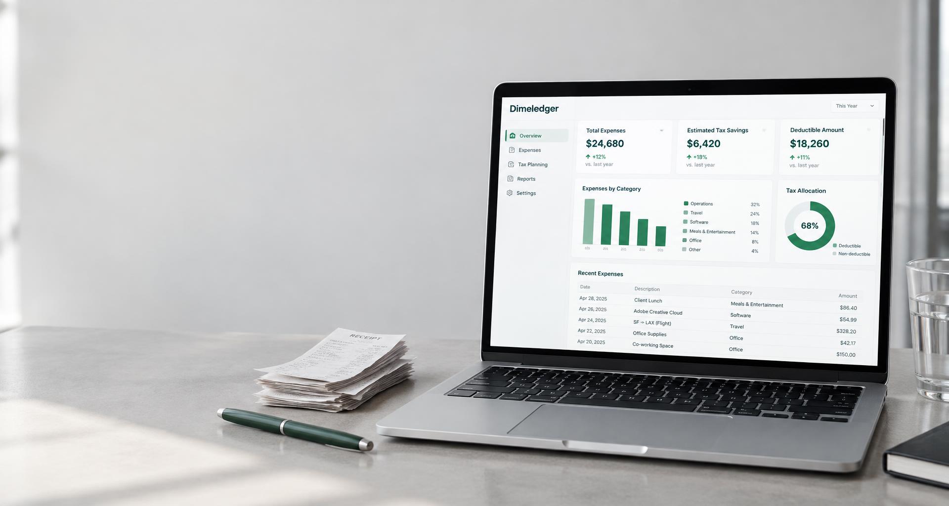 An illustrated Dimeledger expense workspace on a laptop beside receipts